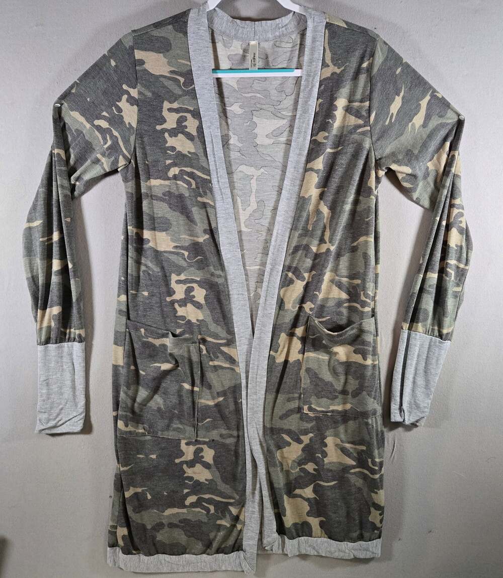 Magic Fit Womens Medium Camo Cardigan Open Front Long Sleeve Pockets USA Made
